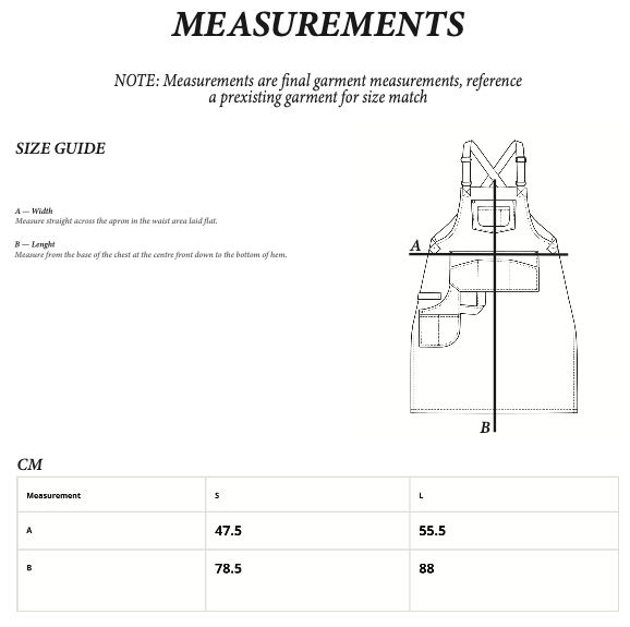 Size chart for Field Apron