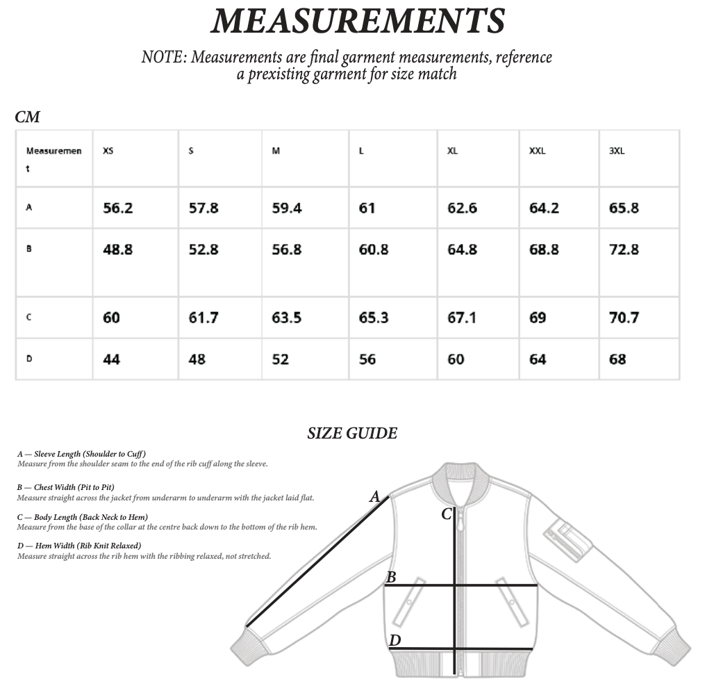 Size chart for Yard Jacket