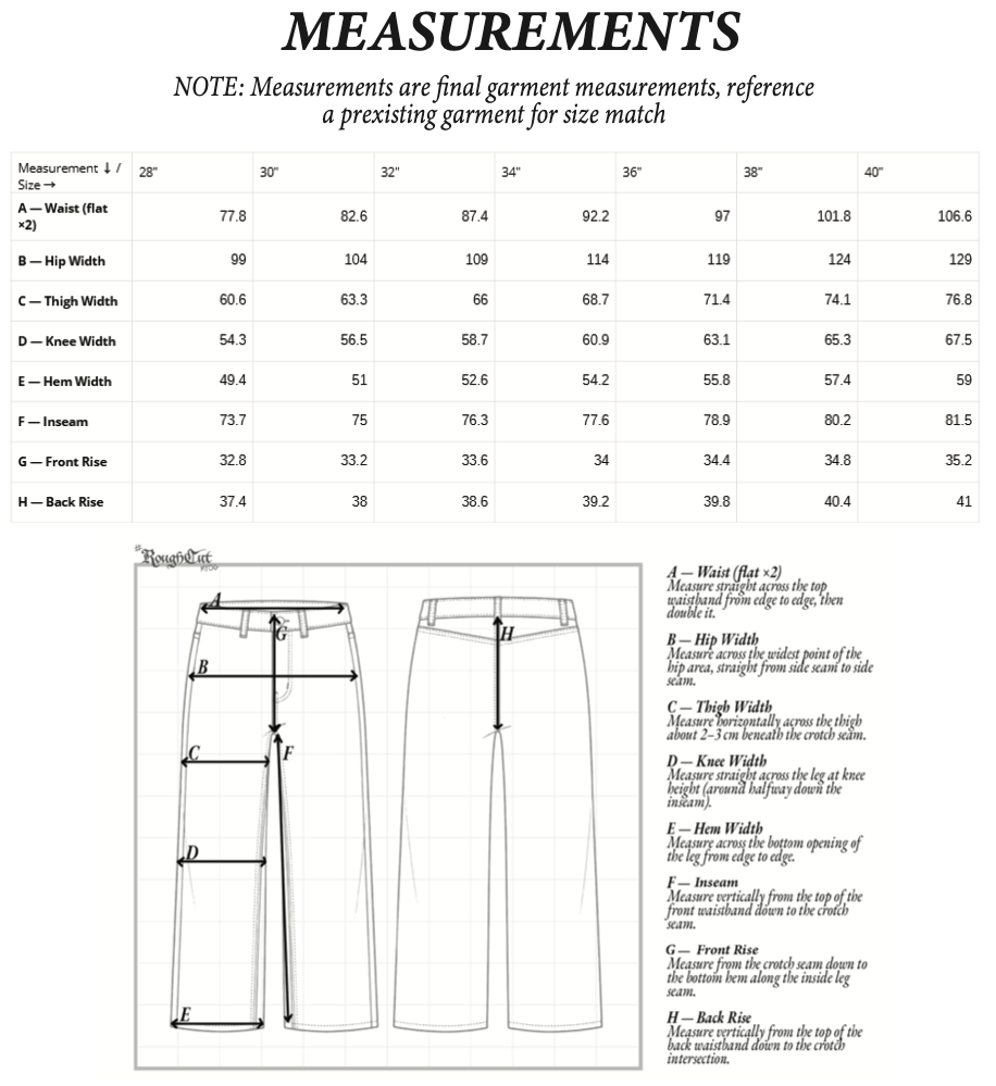 Size chart for Service Dungarees
