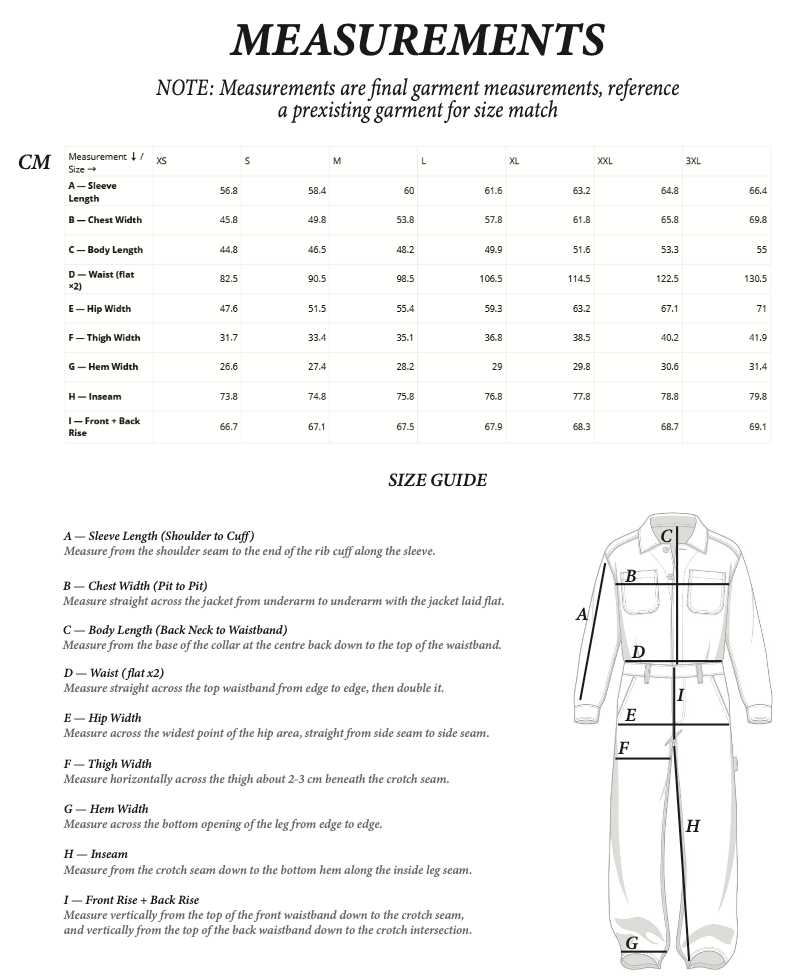 Size chart for Service Coveralls