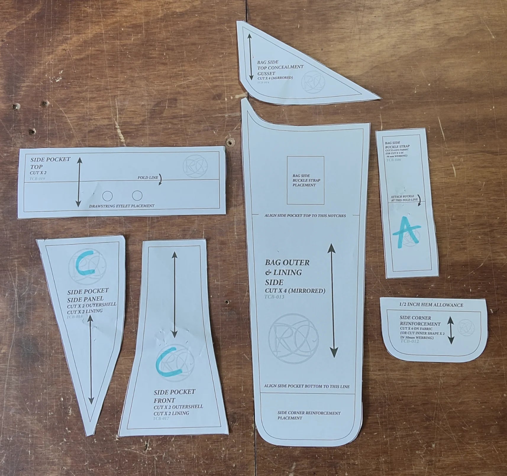 Labelled Courier Bag paper pattern pieces arranged into groups
