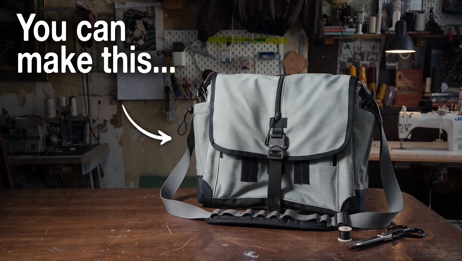 You can make this: the grey Courier Bag on the Rough Cut studio table
